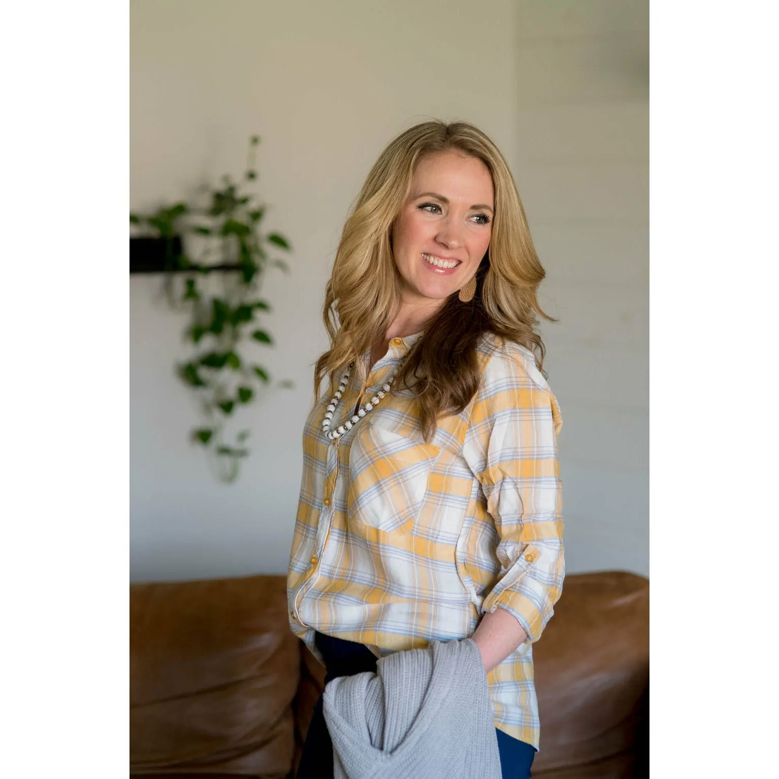 Plaid Button Up Pocket Blouse - Mustard