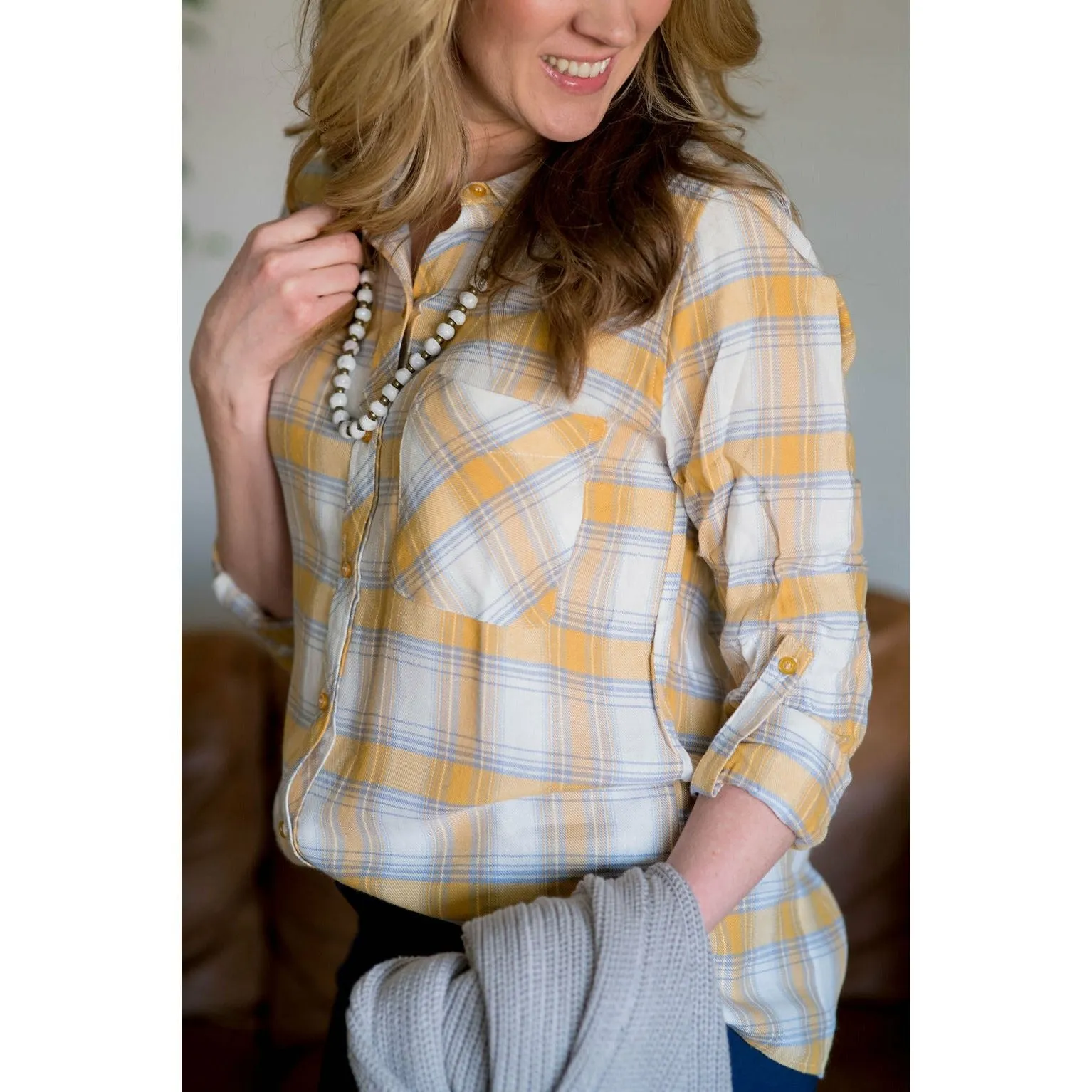 Plaid Button Up Pocket Blouse - Mustard
