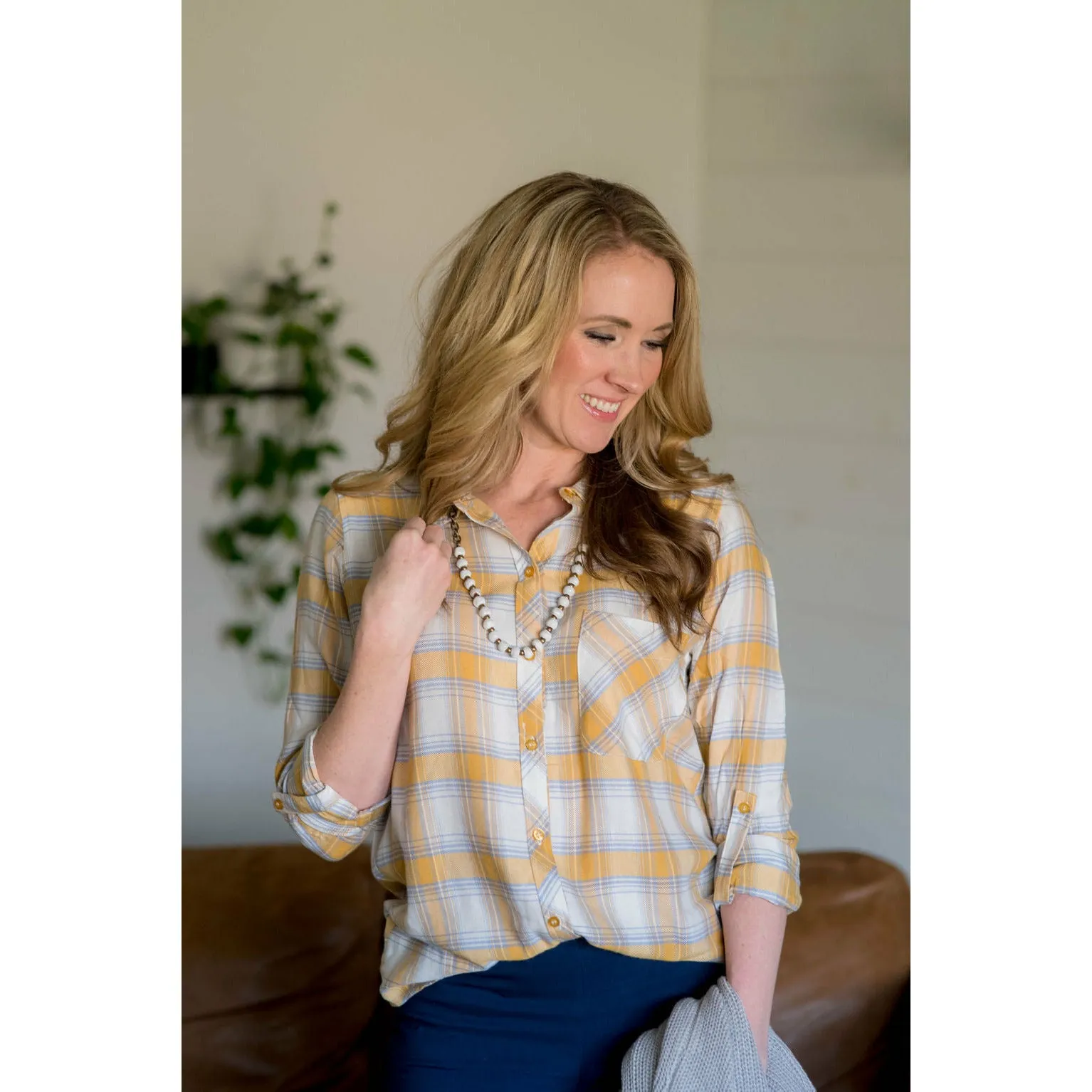 Plaid Button Up Pocket Blouse - Mustard