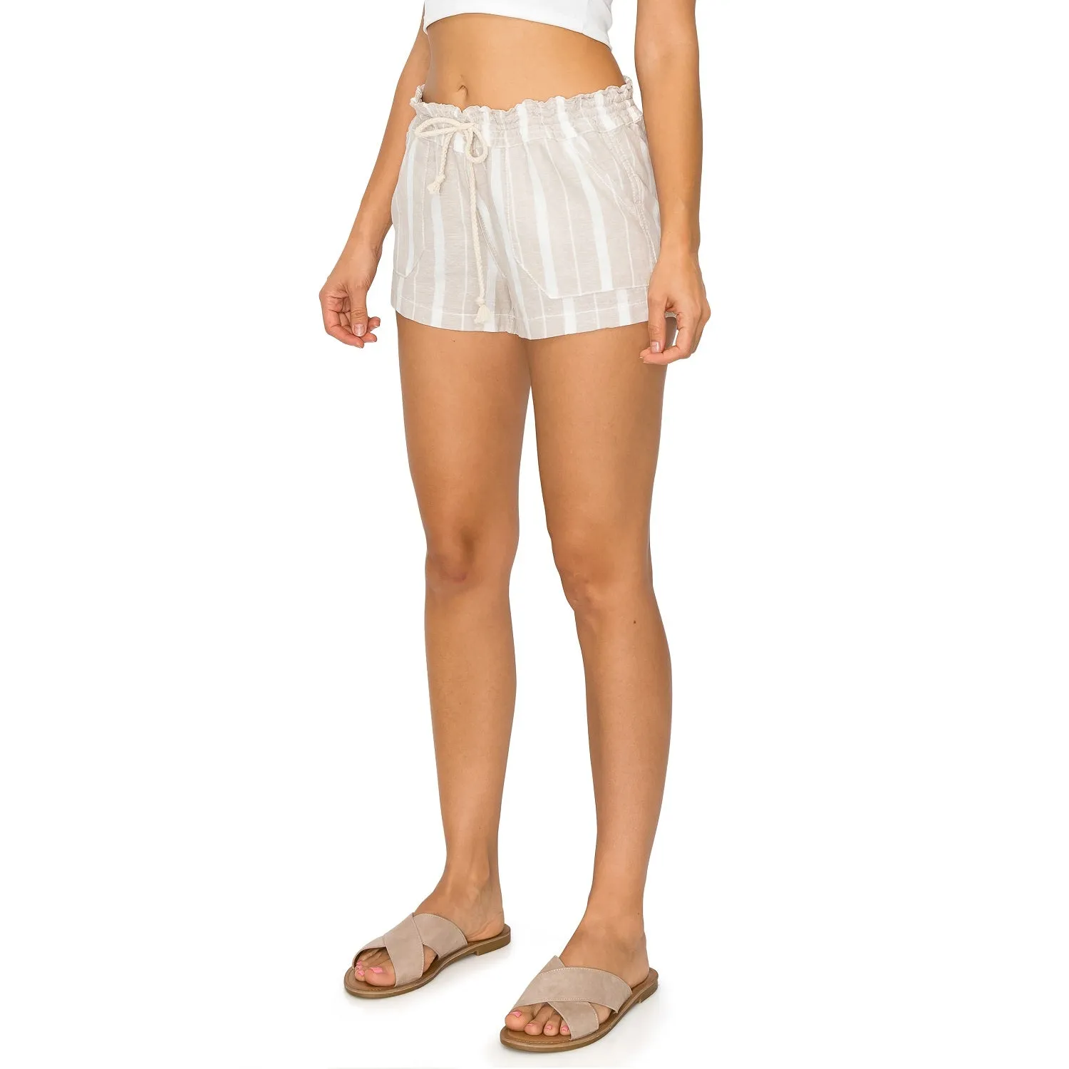 Printed Drawstring Linen Shorts - Taupe White
