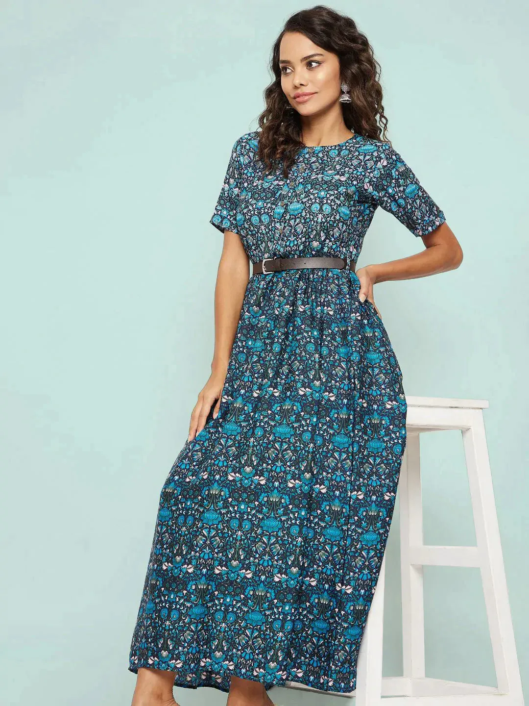 Printed Maxi Dress with Belt