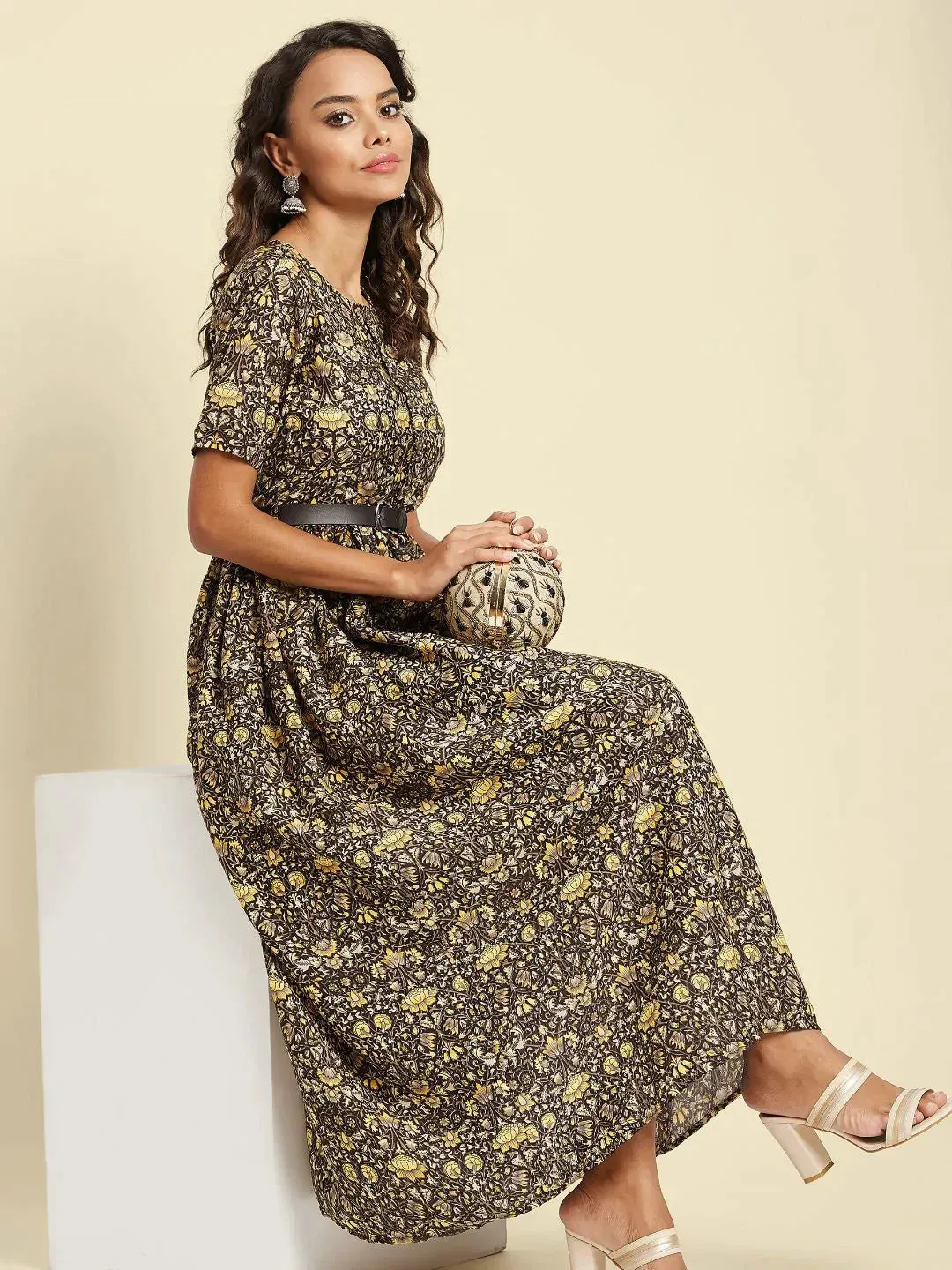 Printed Maxi Dress with Belt