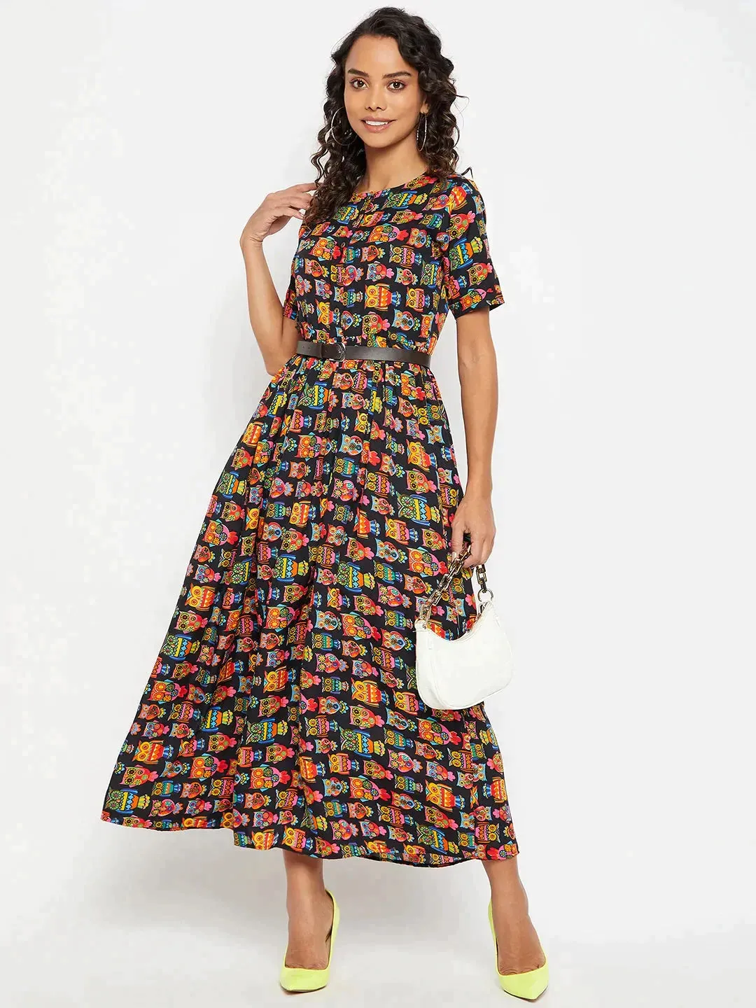 Printed Maxi Dress with Belt