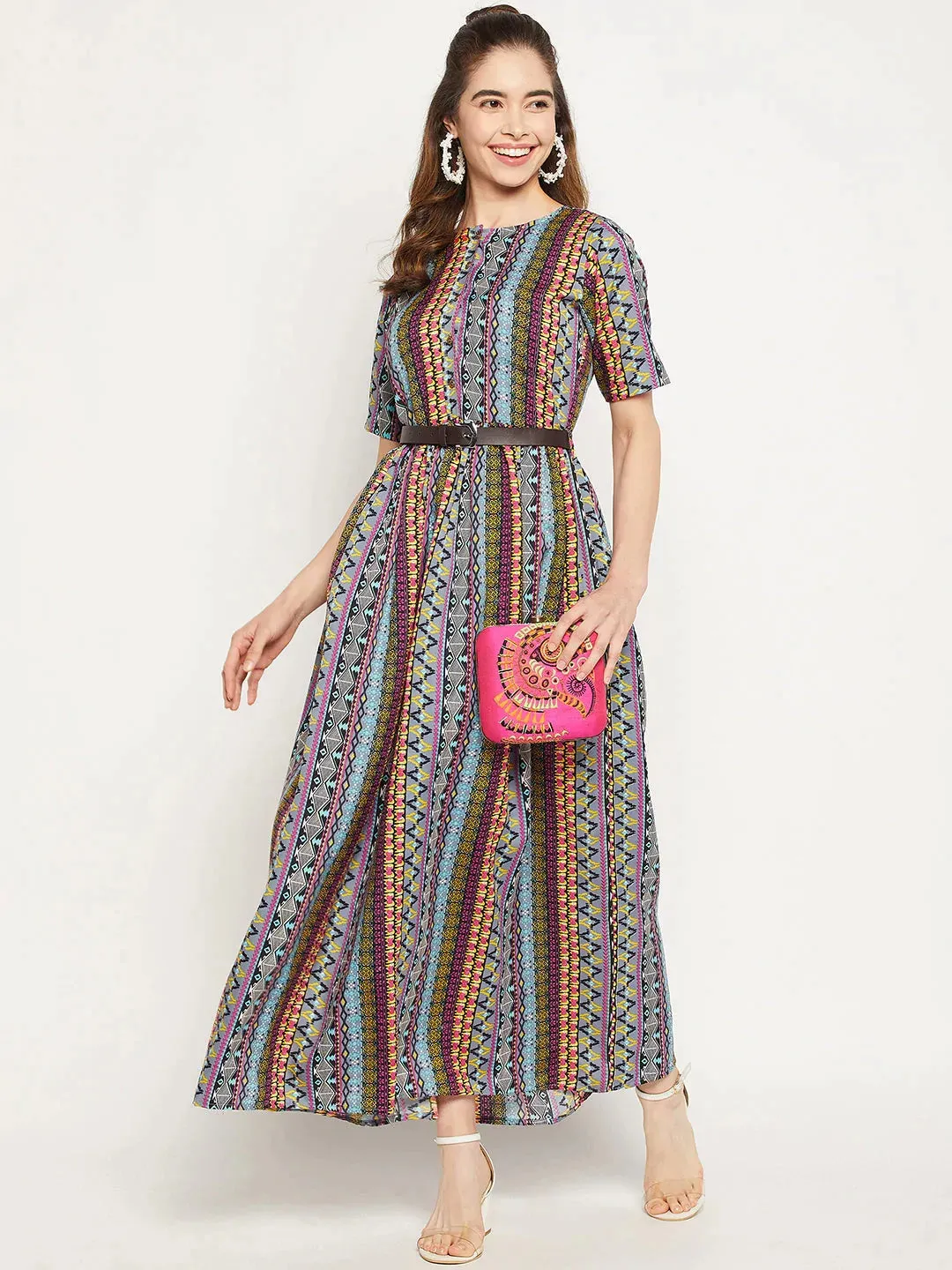 Printed Maxi Dress with Belt
