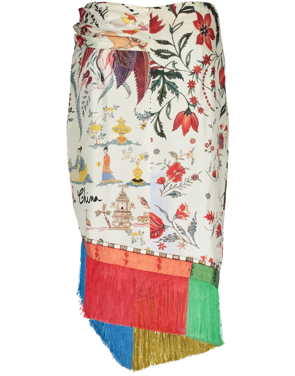 Road Print Fringe Sarong Skirt