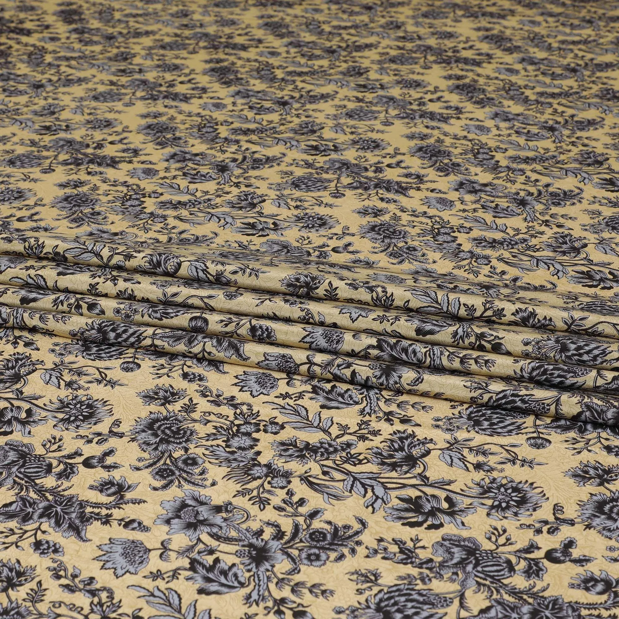 Sage green silk crepe fabric with black and grey print in floral design-D8397