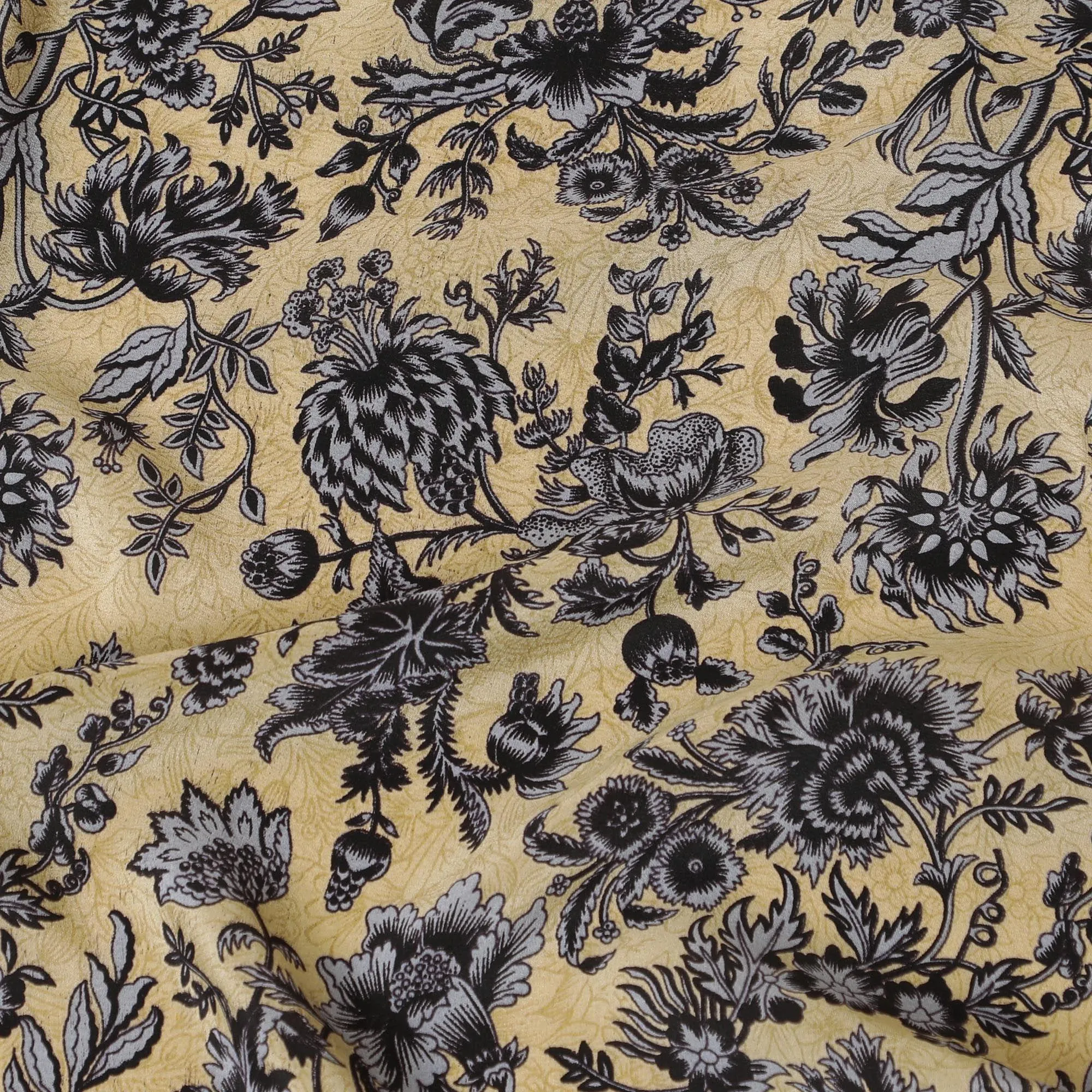 Sage green silk crepe fabric with black and grey print in floral design-D8397