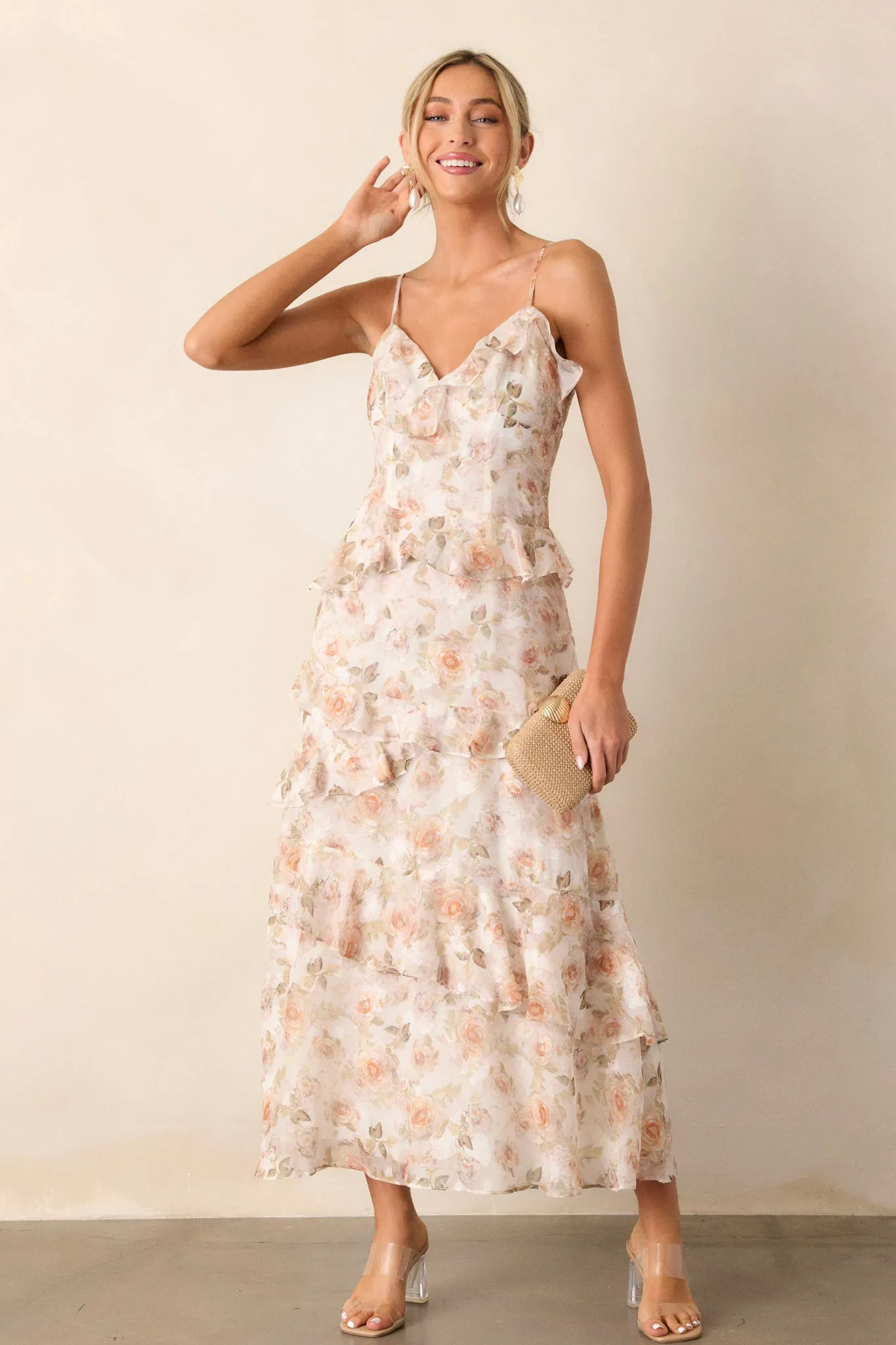 Searching For Love Ivory Floral Ruffle Midi Dress