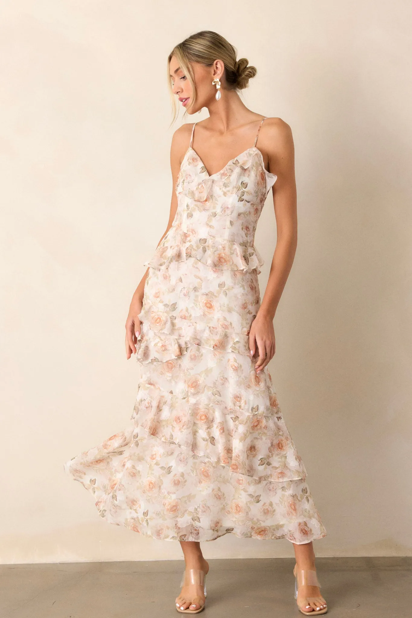 Searching For Love Ivory Floral Ruffle Midi Dress