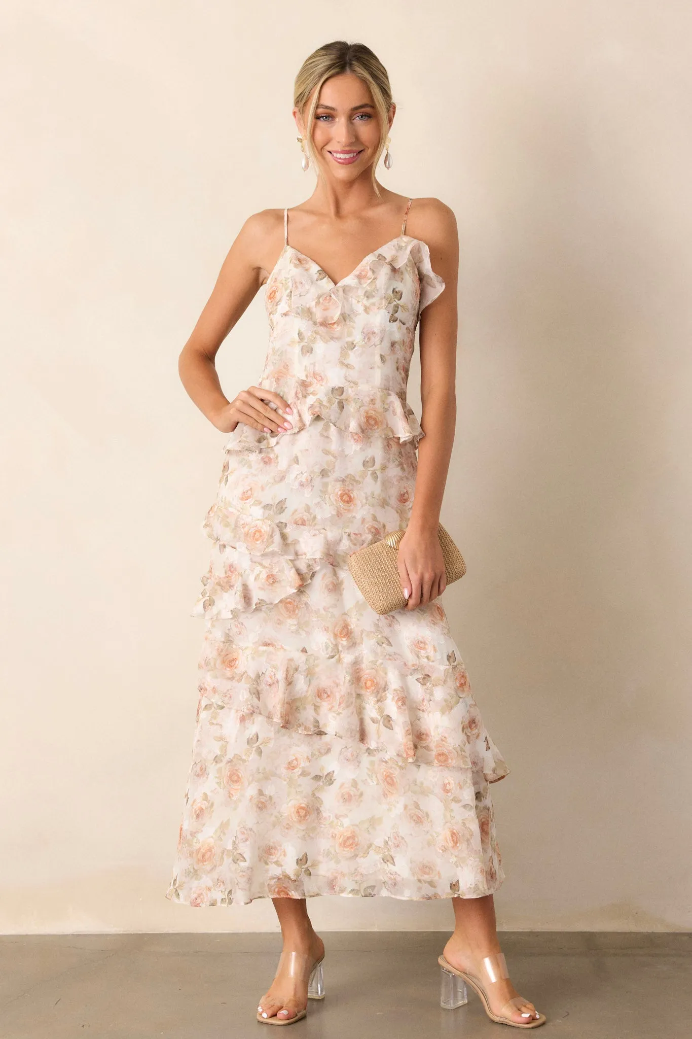 Searching For Love Ivory Floral Ruffle Midi Dress