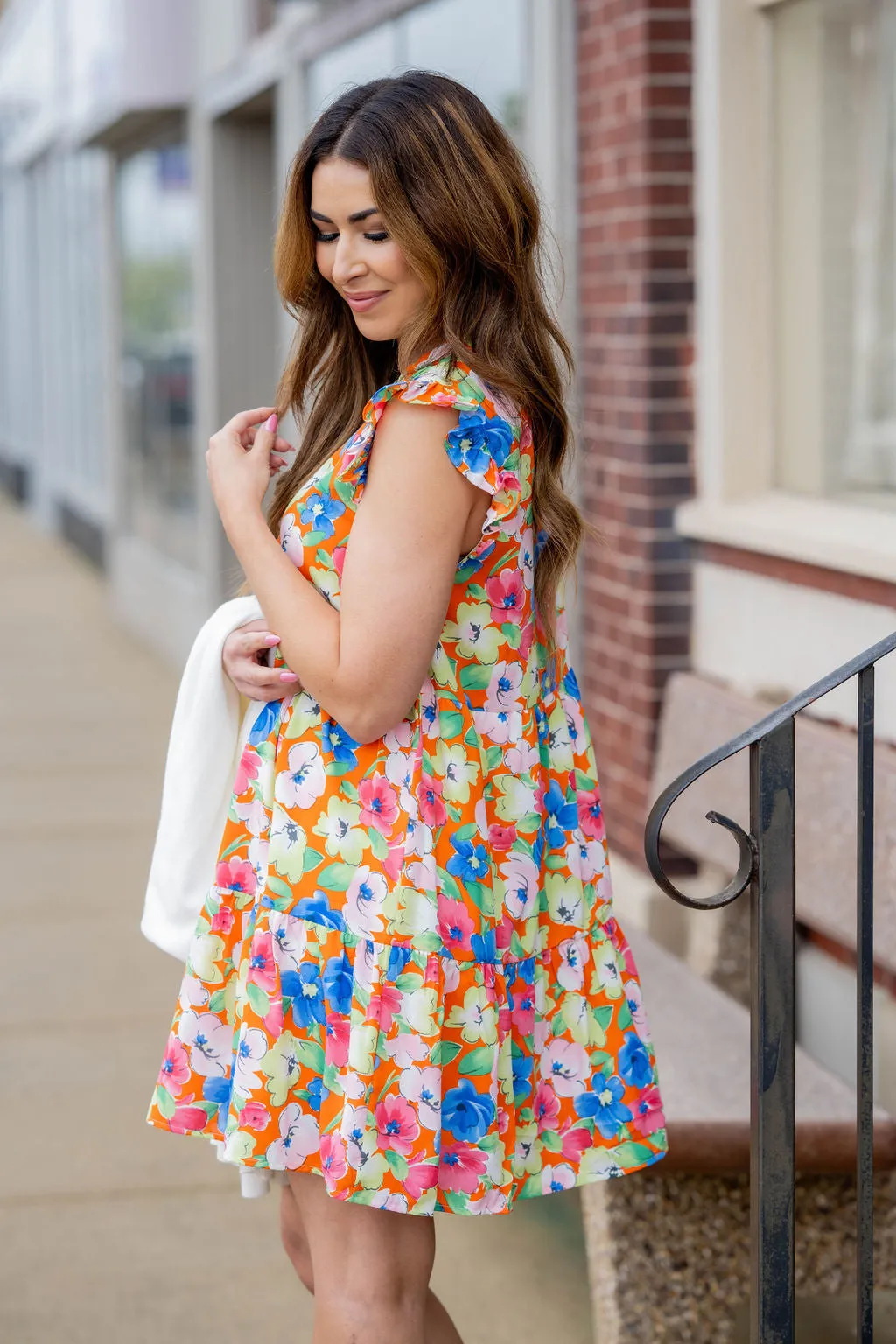 Sketched Floral Flutter Trim Tank Dress