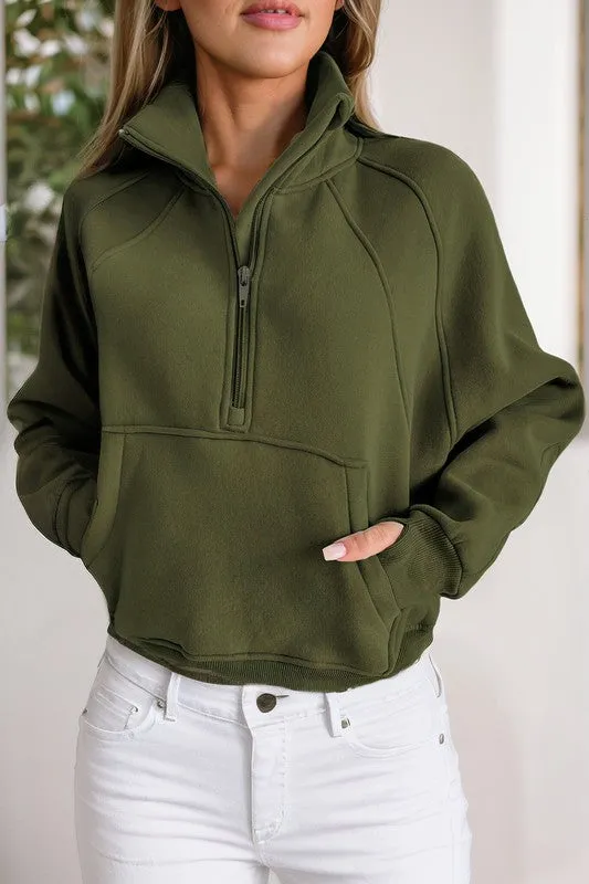 Stand Collar Ribbed Thumbhole Sleeve Sweatshirt **This item has free shipping.**