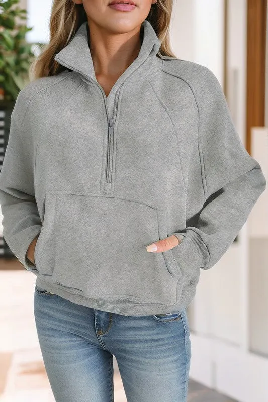 Stand Collar Ribbed Thumbhole Sleeve Sweatshirt **This item has free shipping.**