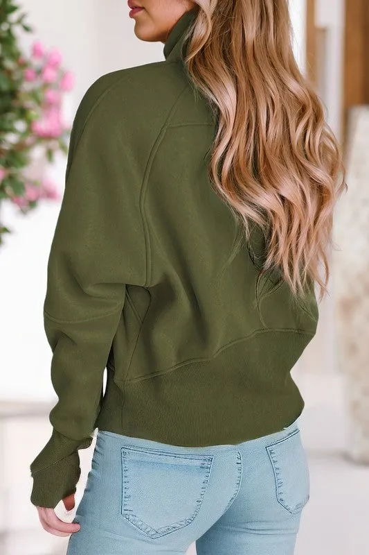 Stand Collar Ribbed Thumbhole Sleeve Sweatshirt **This item has free shipping.**
