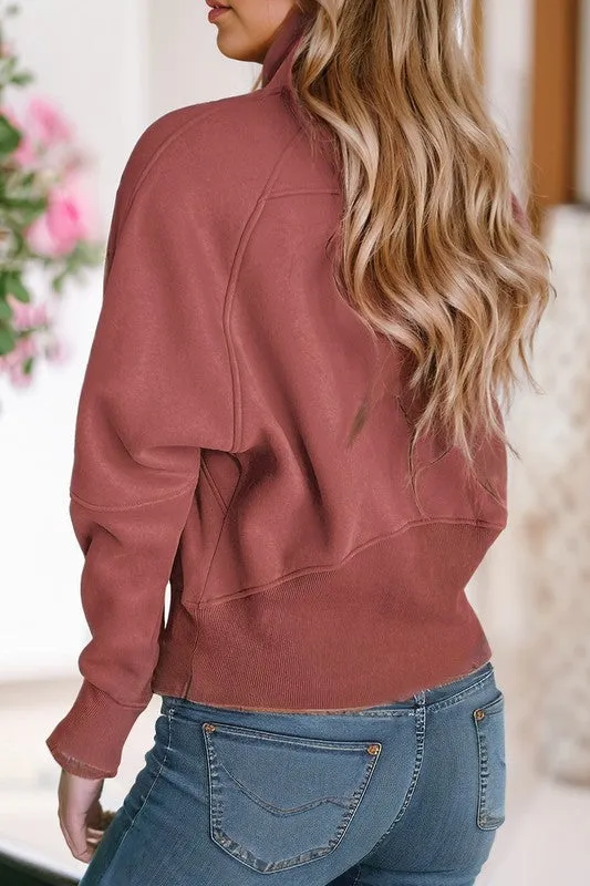 Stand Collar Ribbed Thumbhole Sleeve Sweatshirt **This item has free shipping.**