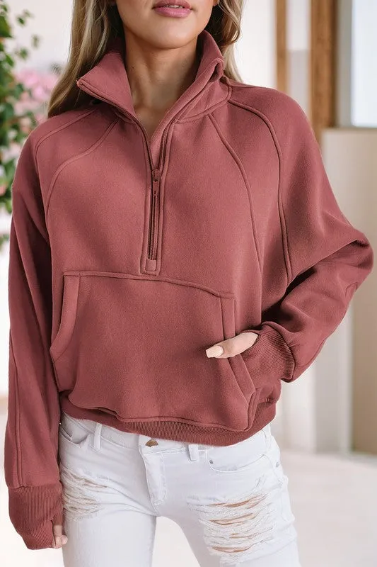 Stand Collar Ribbed Thumbhole Sleeve Sweatshirt **This item has free shipping.**