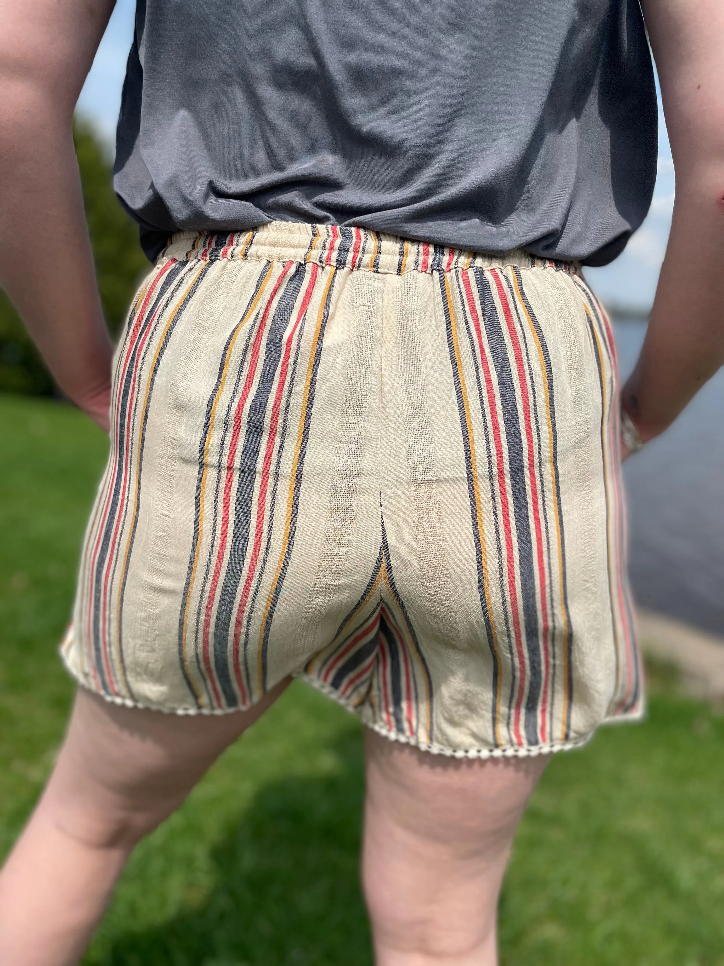 Striped Elastic Waist Tie Shorts