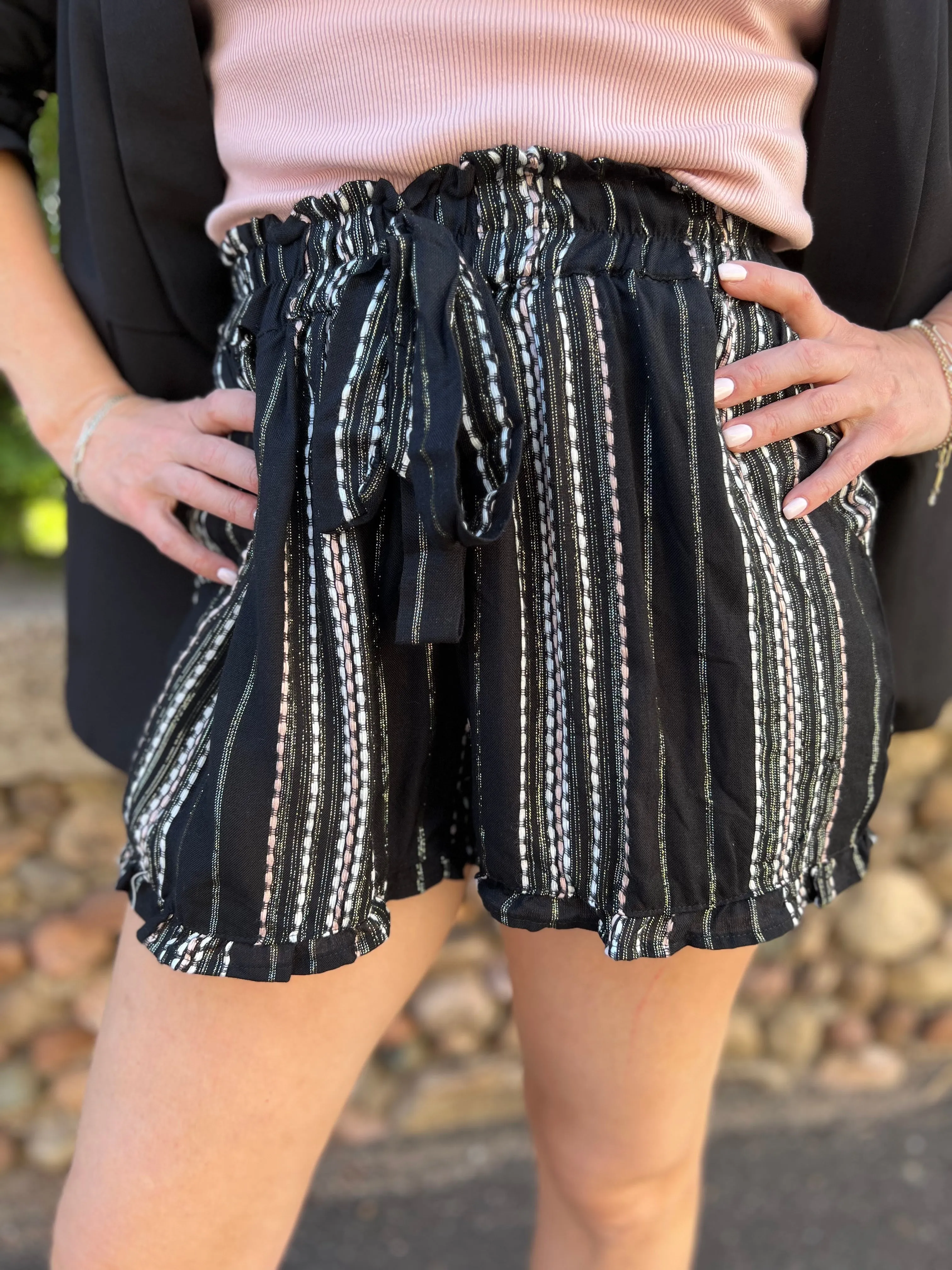 Striped Elastic Waist Tie Shorts