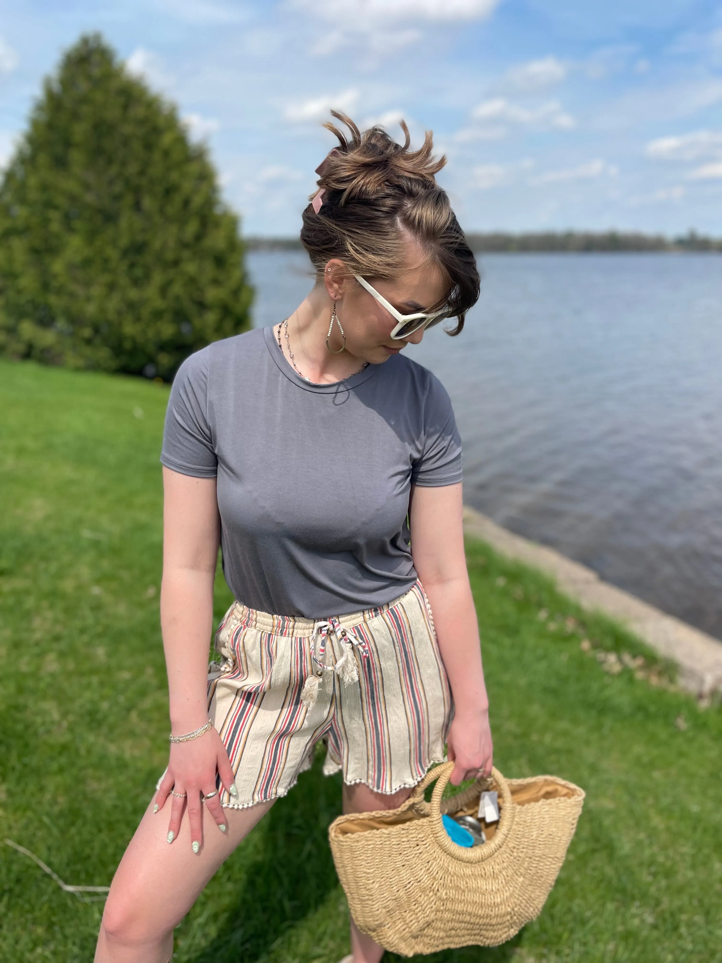 Striped Elastic Waist Tie Shorts