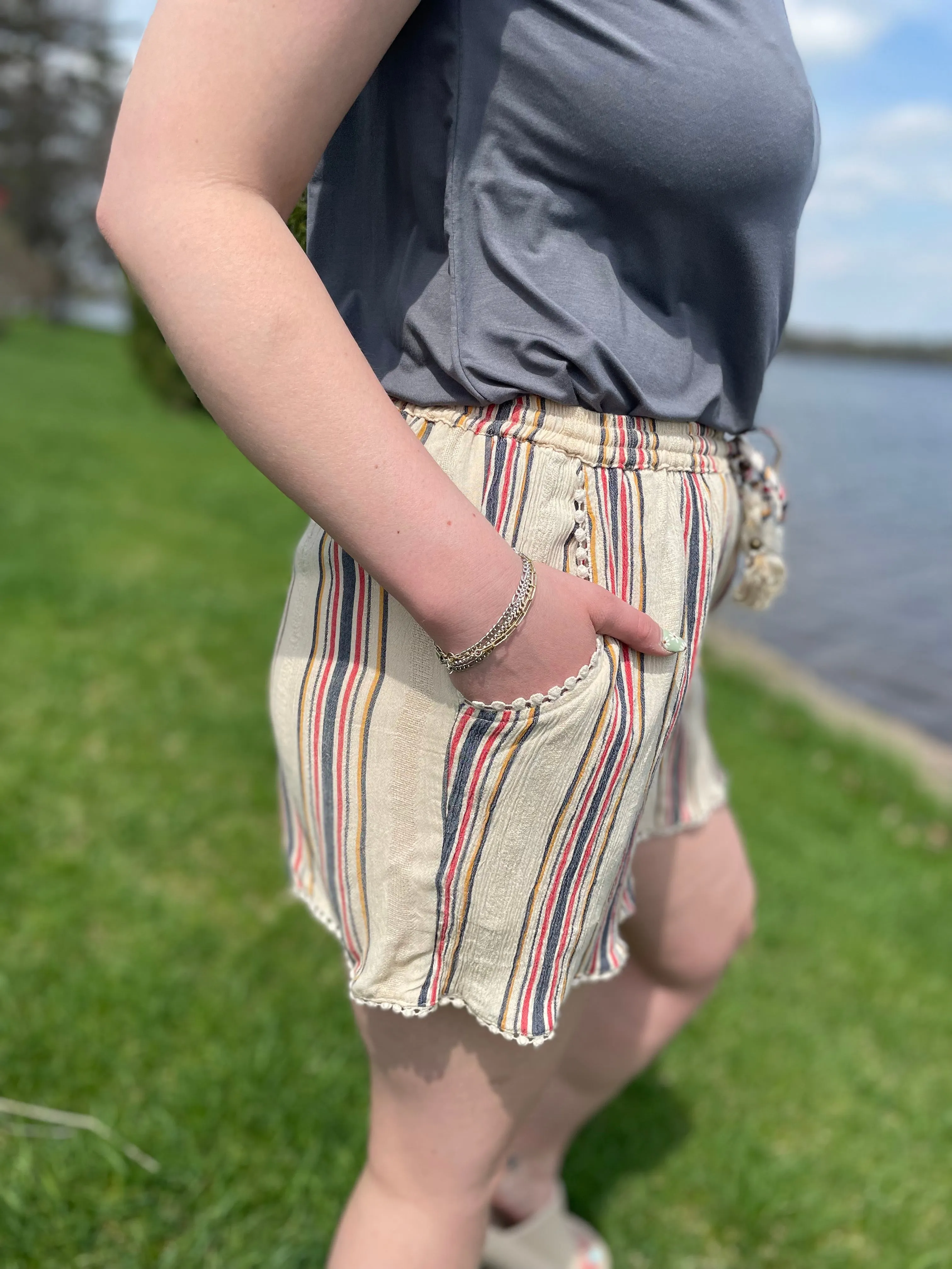 Striped Elastic Waist Tie Shorts