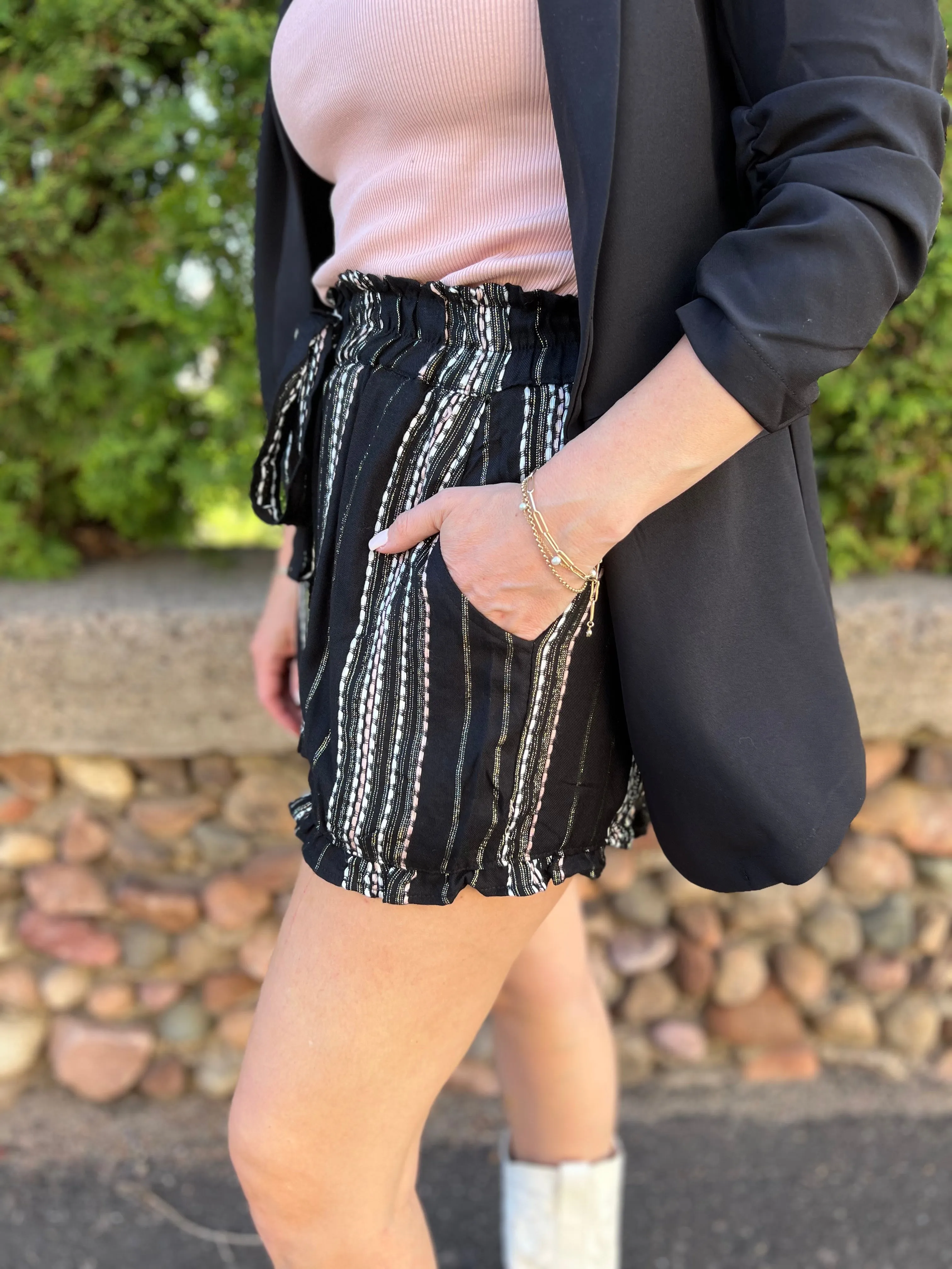 Striped Elastic Waist Tie Shorts