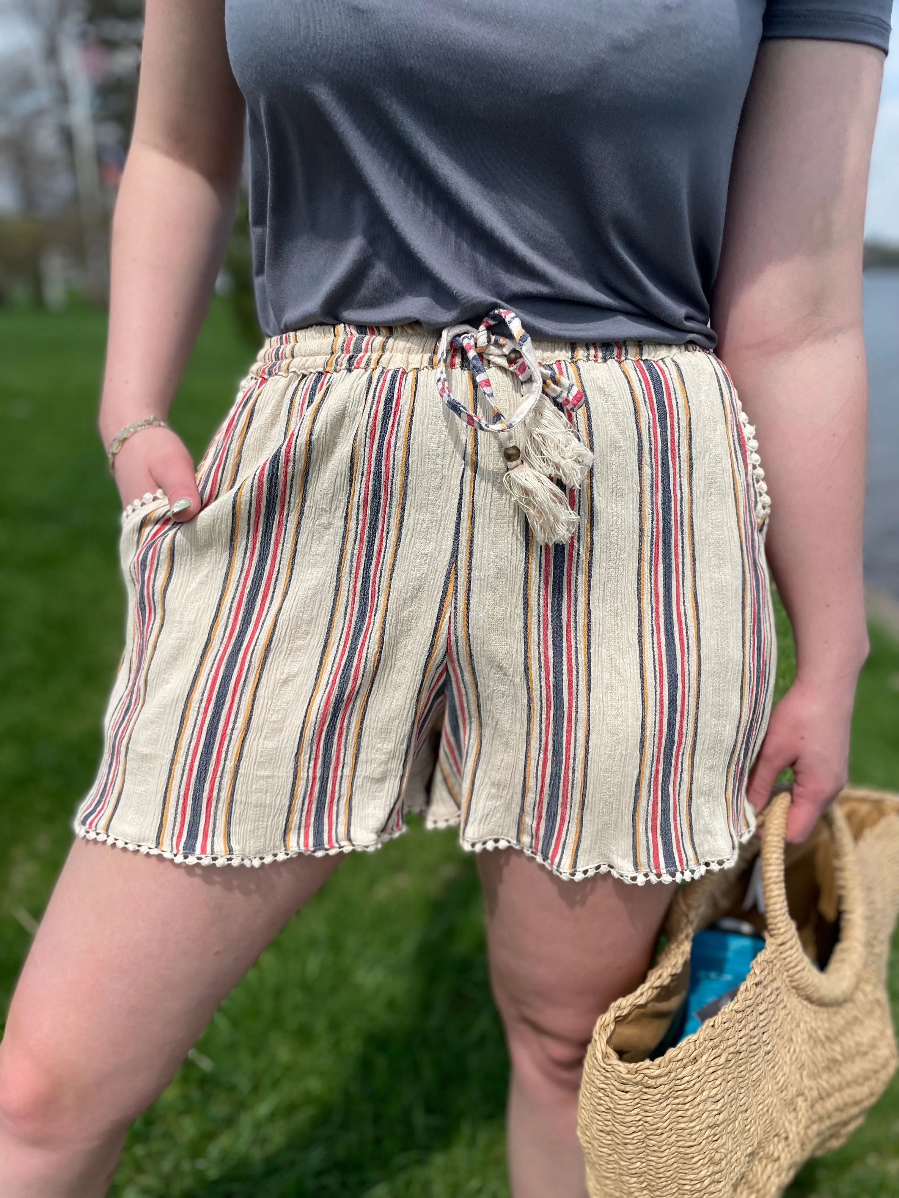 Striped Elastic Waist Tie Shorts