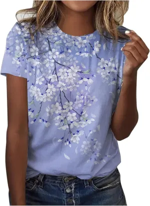 Summer Tops for Women 2025 Cute Floral Graphic Tee Shirt Dressy Round Neck Short Sleeve Tunic Pullover Petite Ladies Blouses
