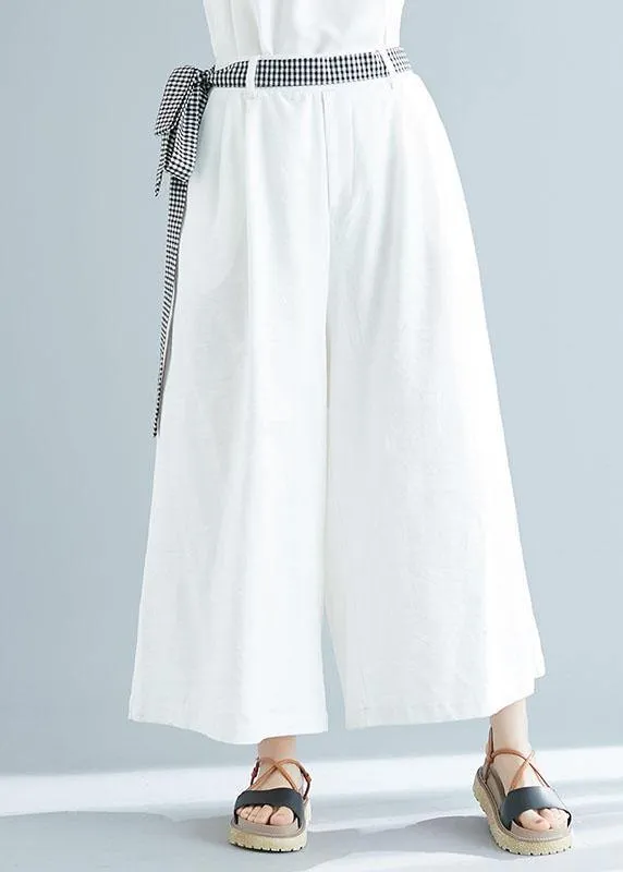 summer white casual cotton trousers loose women tie waist wide leg pants