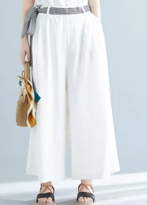 summer white casual cotton trousers loose women tie waist wide leg pants