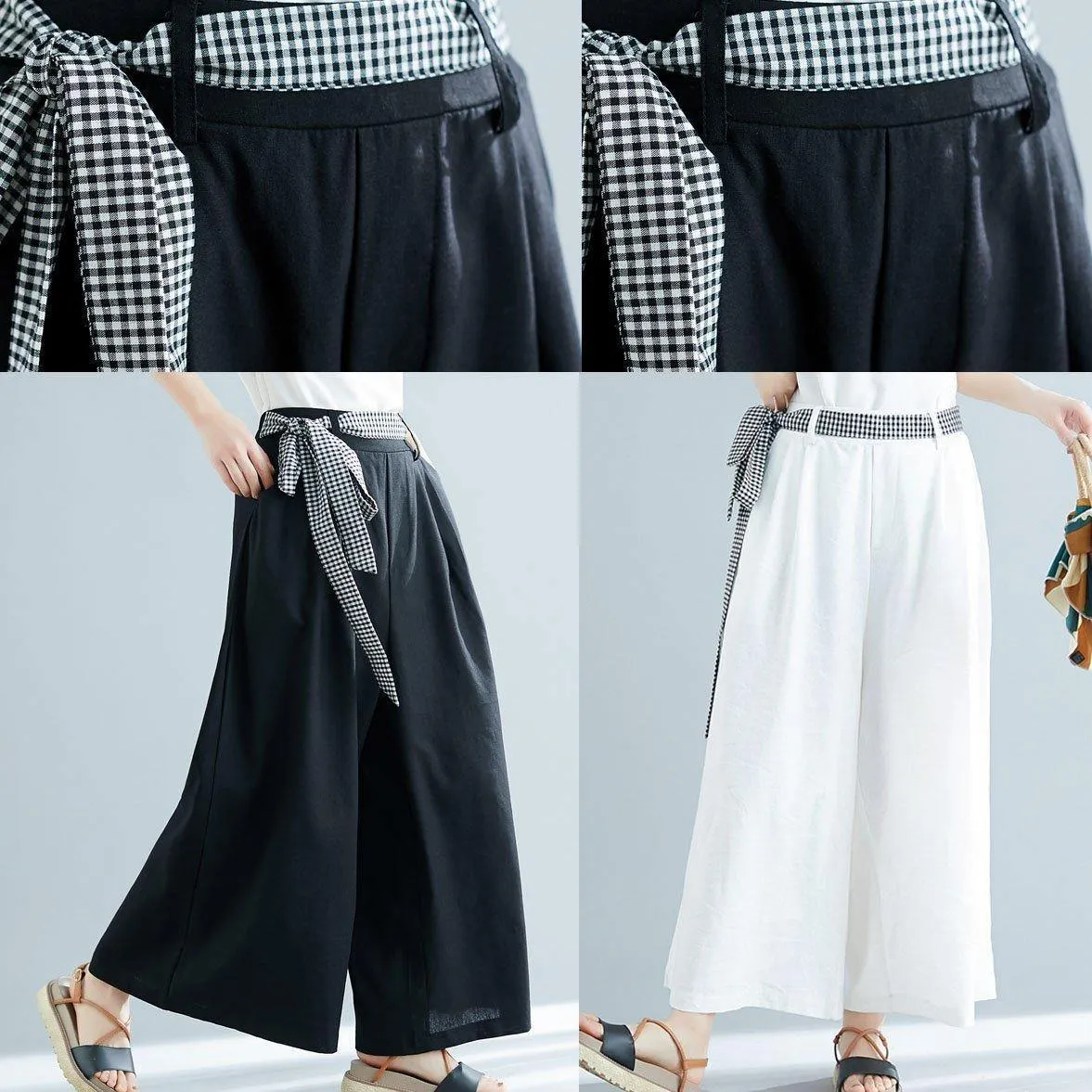 summer white casual cotton trousers loose women tie waist wide leg pants