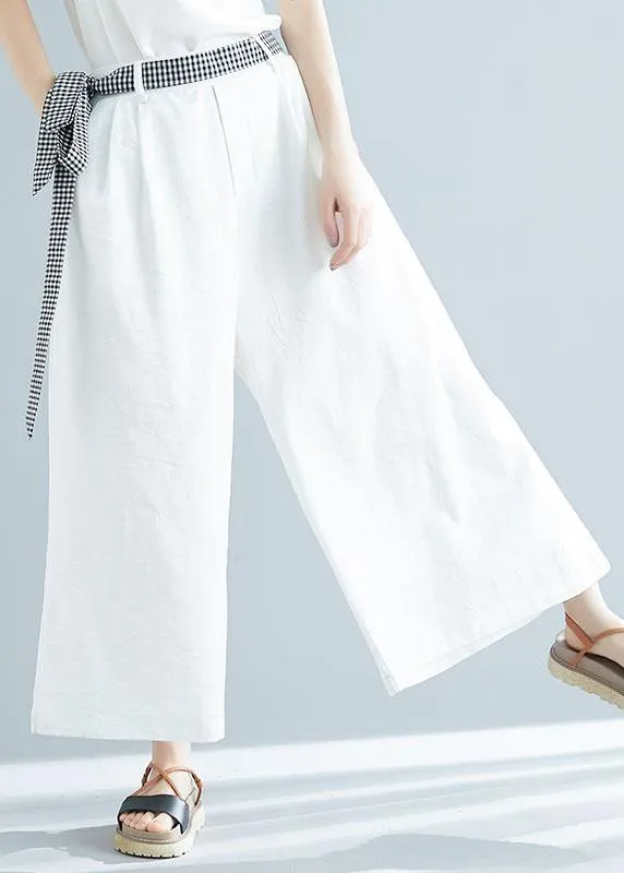 summer white casual cotton trousers loose women tie waist wide leg pants