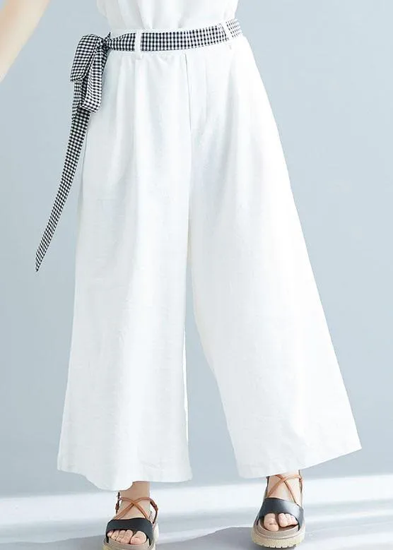 summer white casual cotton trousers loose women tie waist wide leg pants
