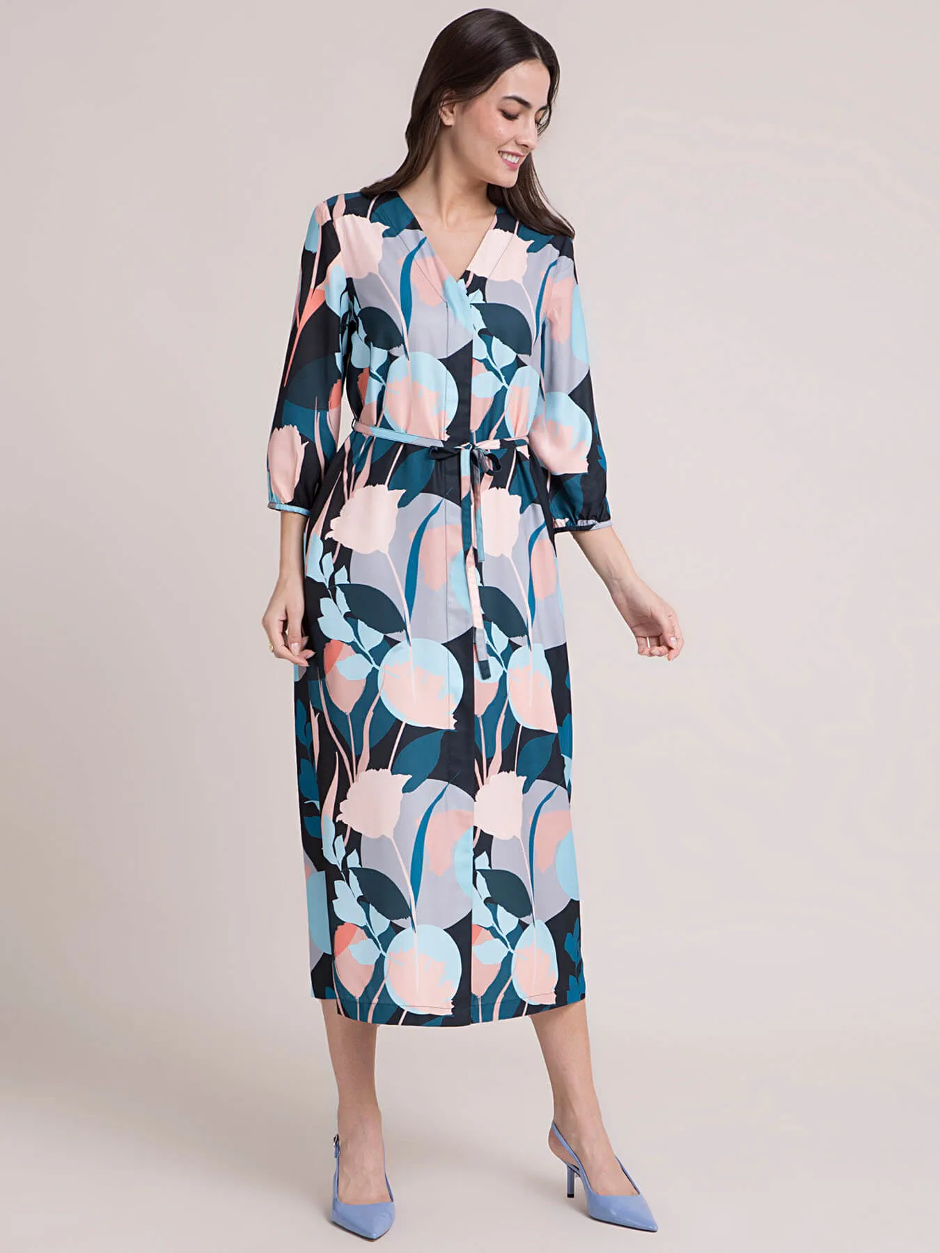 V Neck Floral A Line Dress - Multicolour