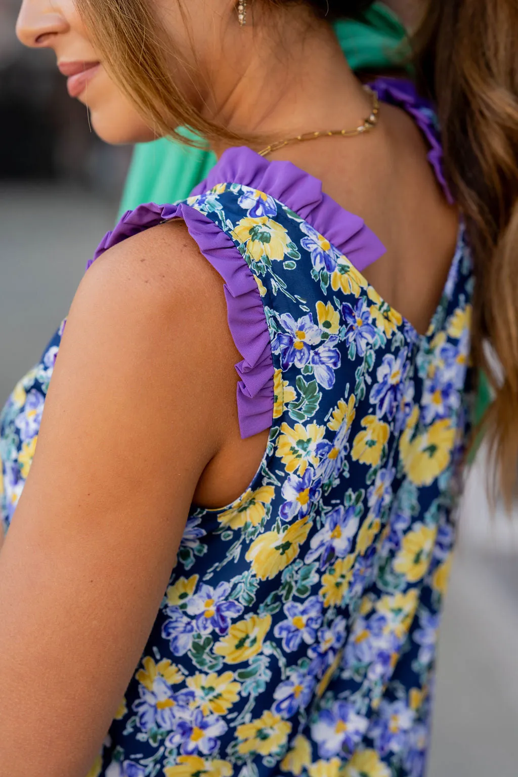 Vibrant Daisies Ruffle Trim Tank