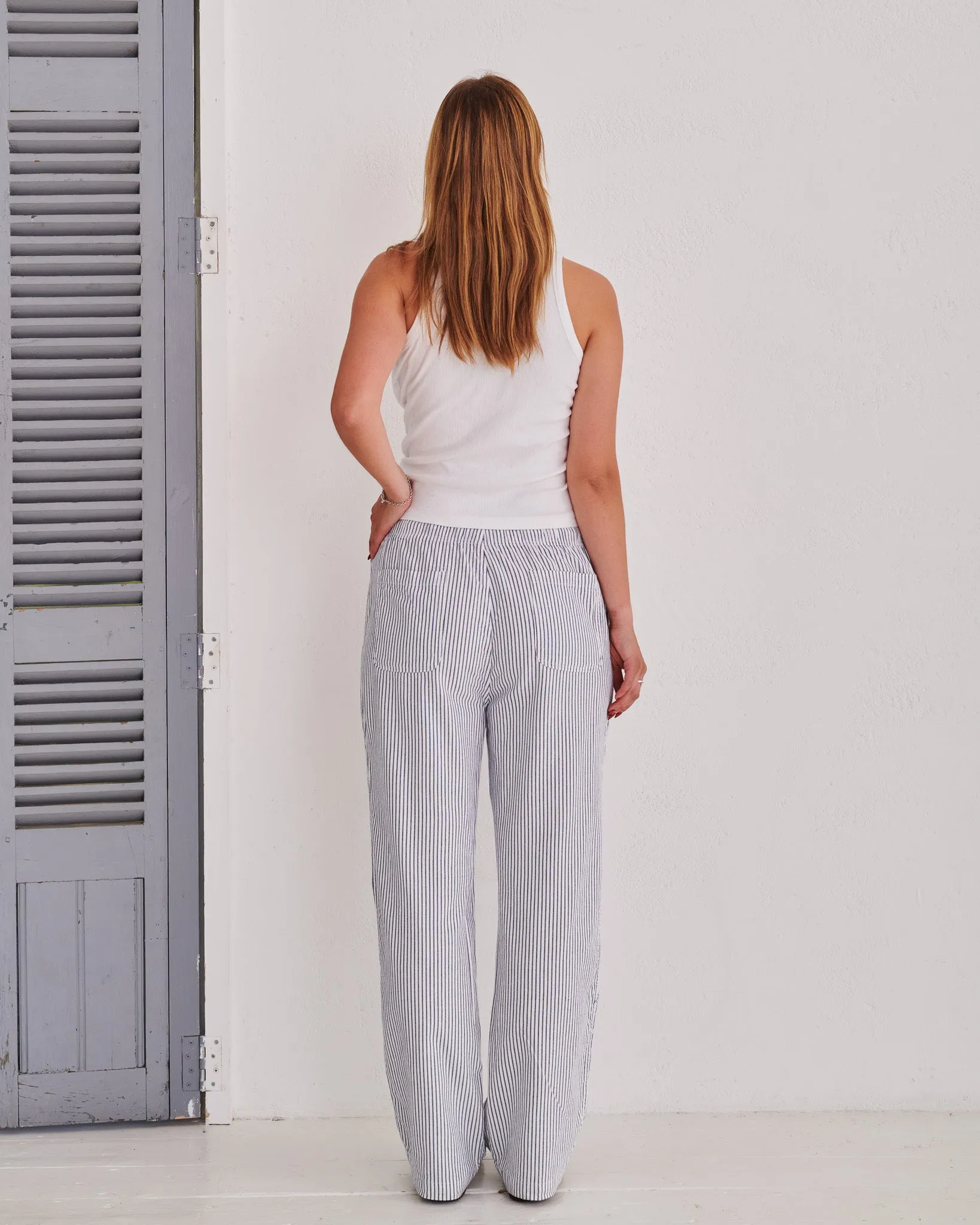 White & Navy Pinstripe Trousers