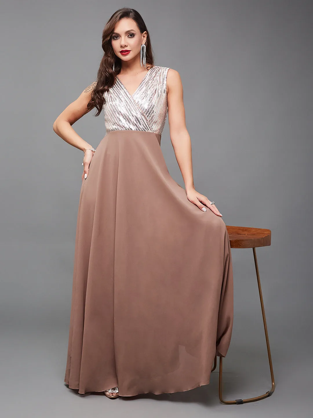 Women's Dusty Peach V-Neck Sleeveless Embellished Wrap Maxi Georgette Dress