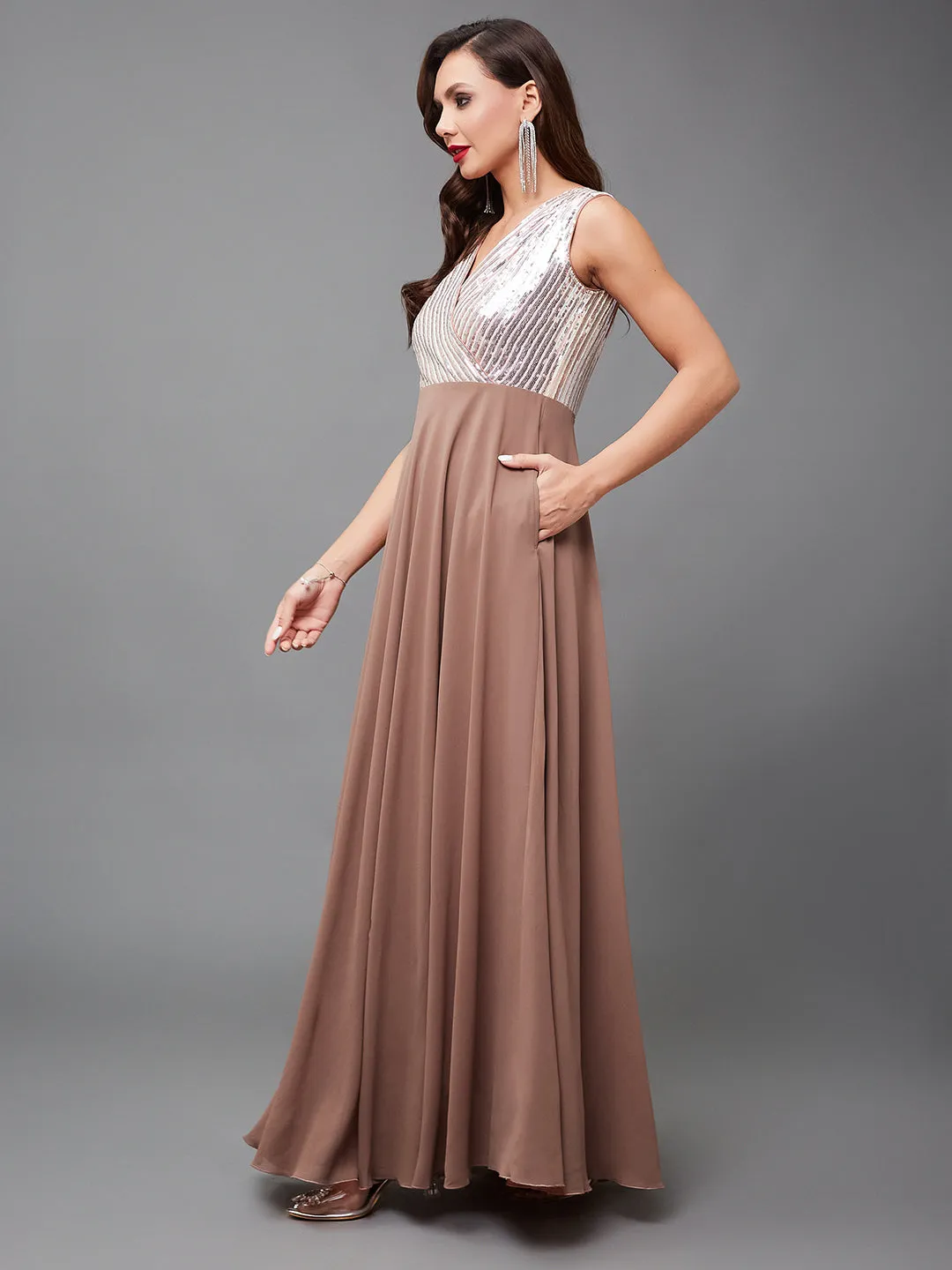 Women's Dusty Peach V-Neck Sleeveless Embellished Wrap Maxi Georgette Dress