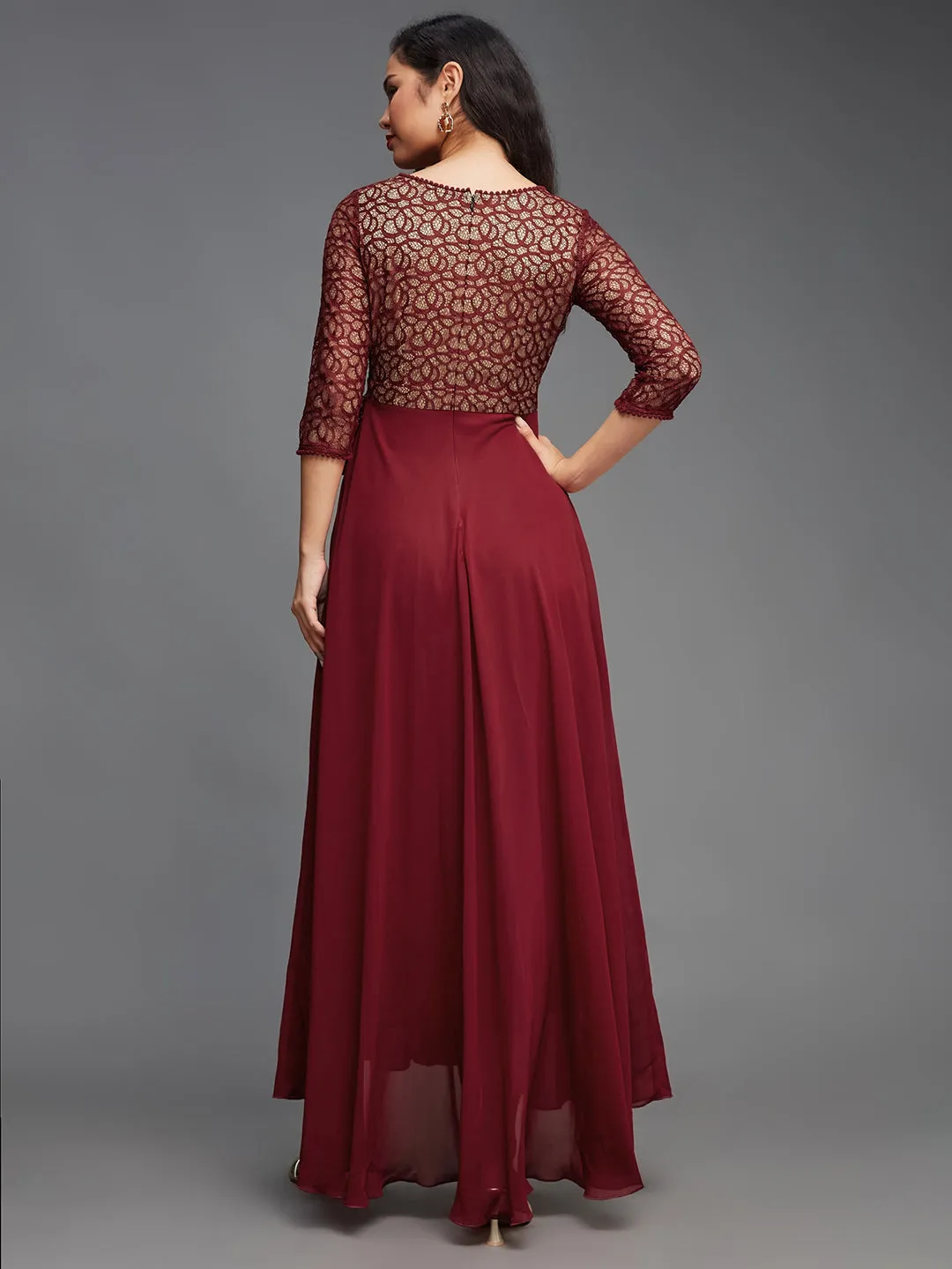 Women's Maroon Floral Print Relaxed Fit V-Neck 3/4th Sleeve Georgette Maxi Dress