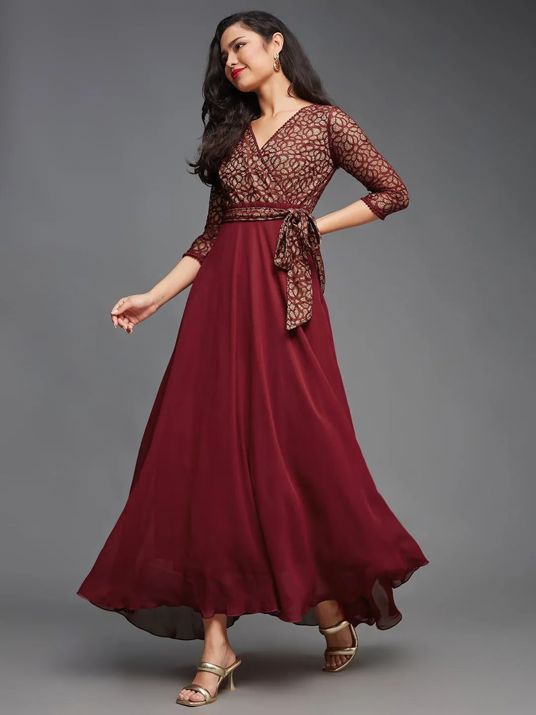 Women's Maroon Floral Print Relaxed Fit V-Neck 3/4th Sleeve Georgette Maxi Dress