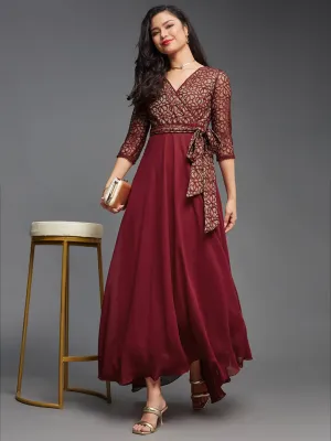 Women's Maroon Floral Print Relaxed Fit V-Neck 3/4th Sleeve Georgette Maxi Dress