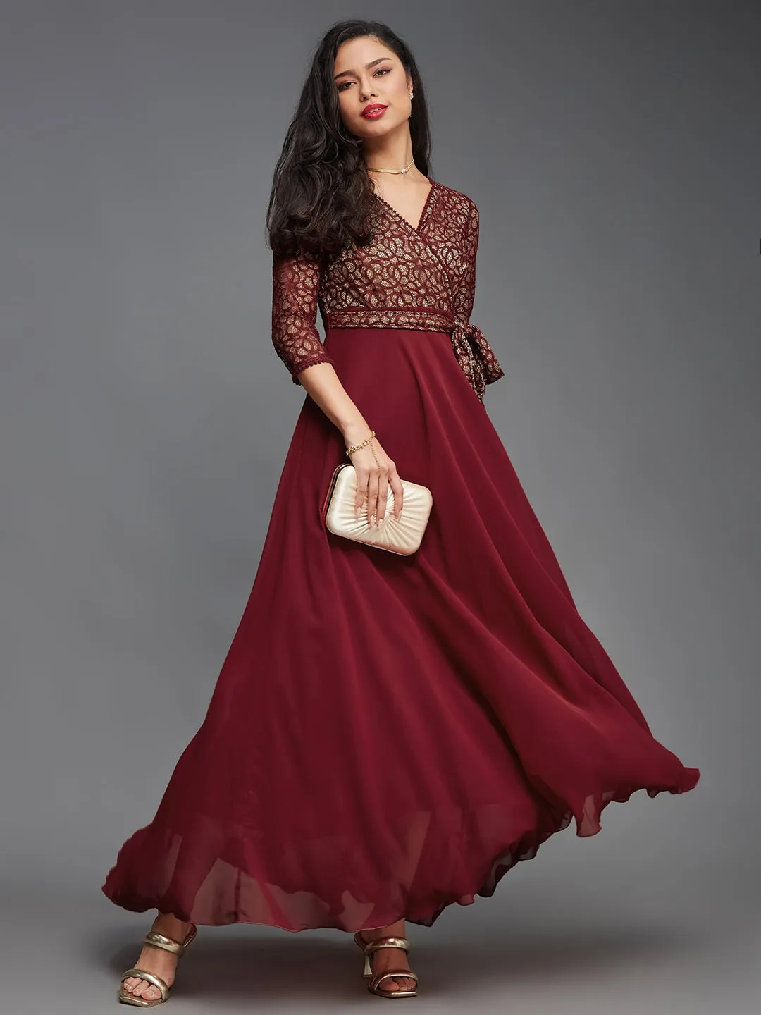 Women's Maroon Floral Print Relaxed Fit V-Neck 3/4th Sleeve Georgette Maxi Dress