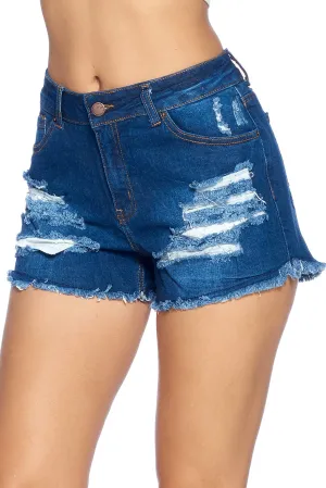 Women's Mid Waist Ripped Blue Denim Shorts Stretch Frayed
