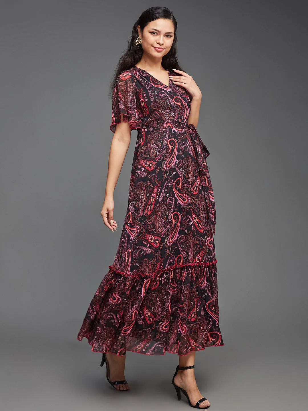 Women's Multicolored-Base-Black Bohemian V-Neck Flutter Sleeve Chiffon Relaxed Fit Wrap Maxi Dress