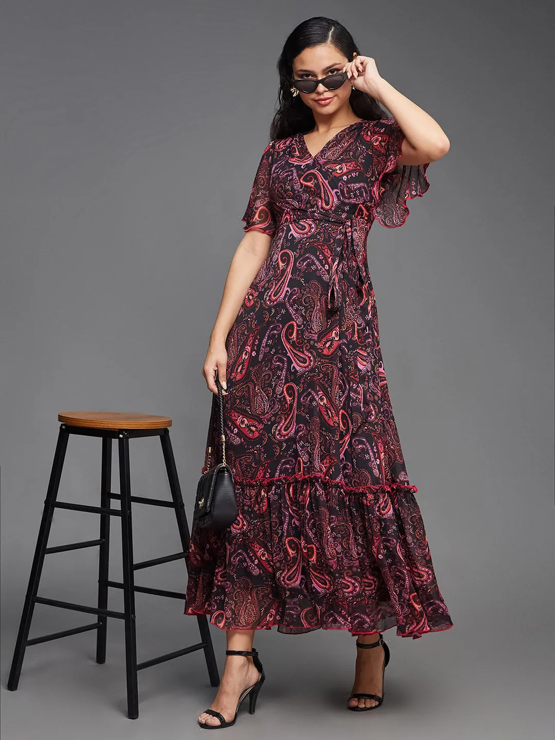 Women's Multicolored-Base-Black Bohemian V-Neck Flutter Sleeve Chiffon Relaxed Fit Wrap Maxi Dress
