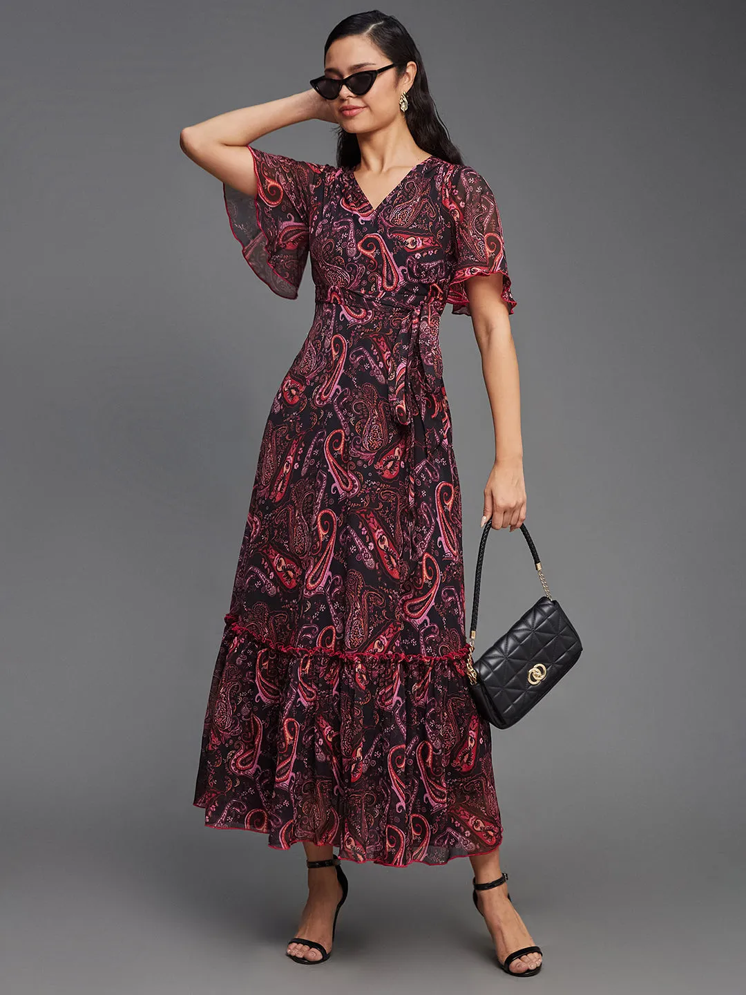 Women's Multicolored-Base-Black Bohemian V-Neck Flutter Sleeve Chiffon Relaxed Fit Wrap Maxi Dress