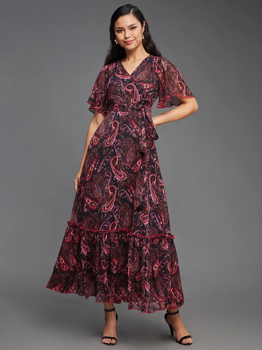 Women's Multicolored-Base-Black Bohemian V-Neck Flutter Sleeve Chiffon Relaxed Fit Wrap Maxi Dress