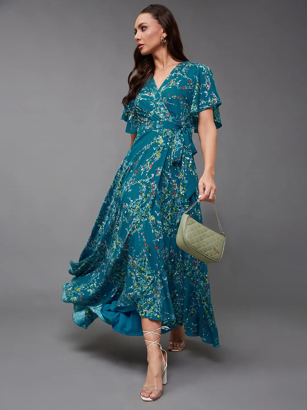 Women's Multicolored-Base-Turquoise V-Neck Half Sleeve Floral Wrap Crepe Maxi Dress