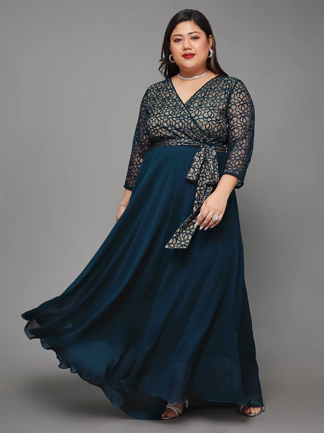 Women's Teal Floral Printed Relaxed Fit V-Neck 3/4th Sleeve Maxi Dress