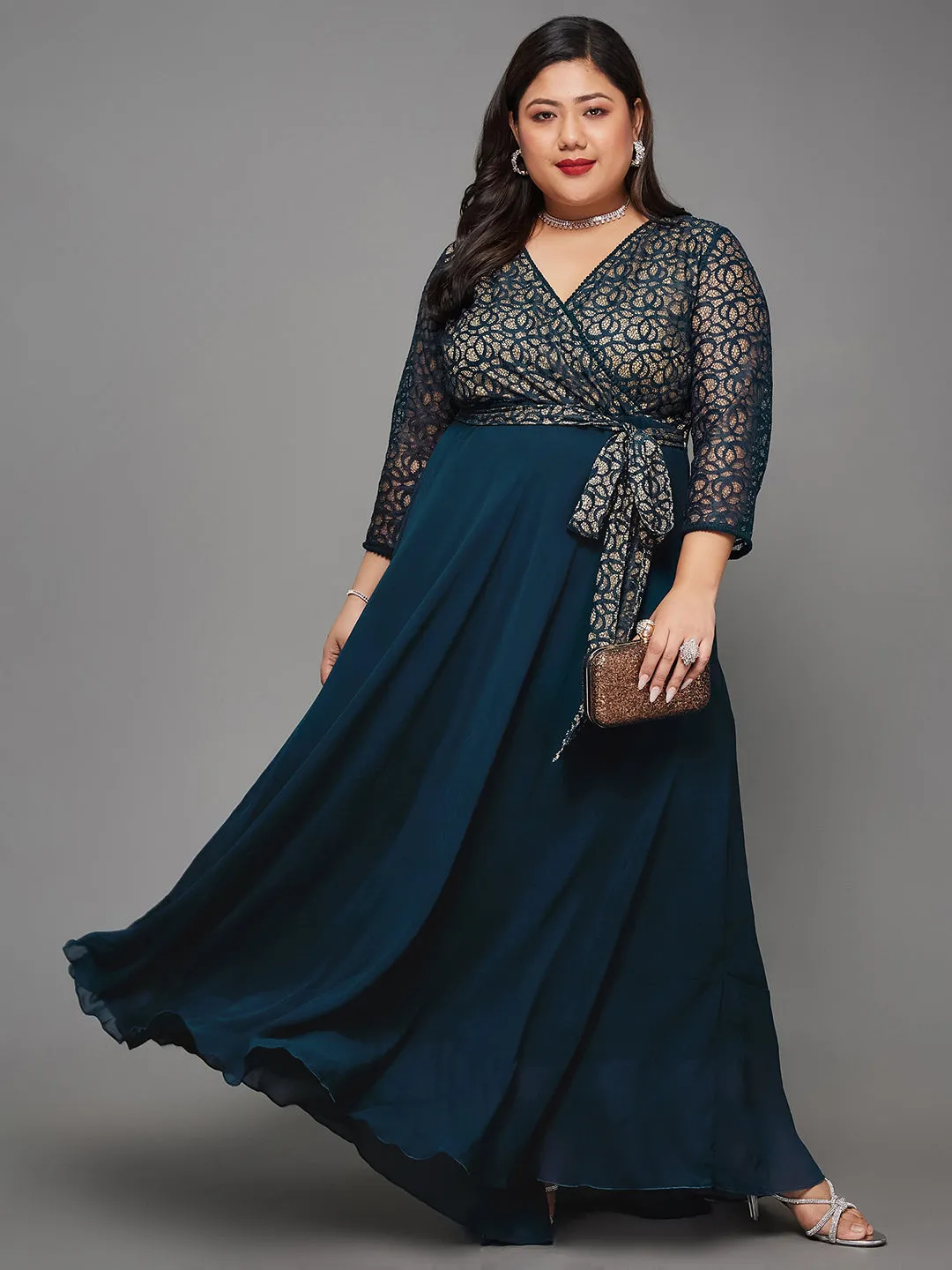 Women's Teal Floral Printed Relaxed Fit V-Neck 3/4th Sleeve Maxi Dress