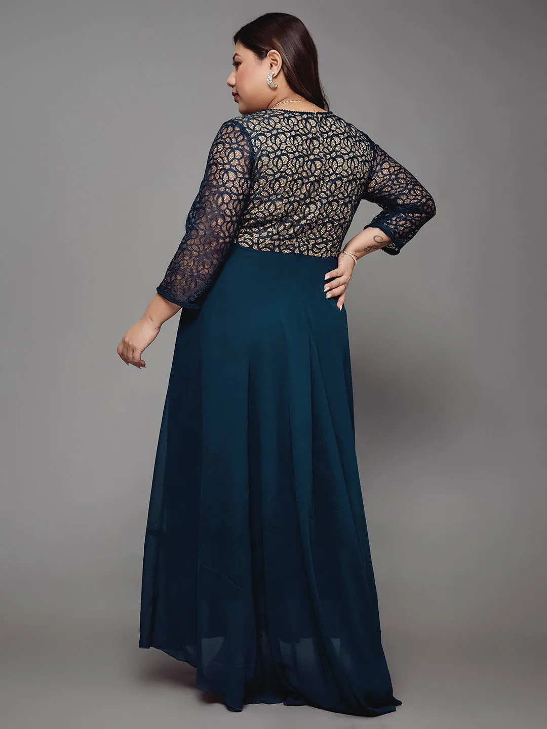 Women's Teal Floral Printed Relaxed Fit V-Neck 3/4th Sleeve Maxi Dress